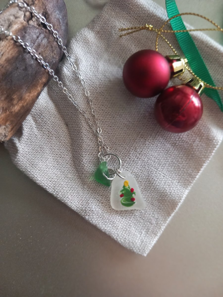 Christmas tree handmade sea glass and pottery  neckace. 
