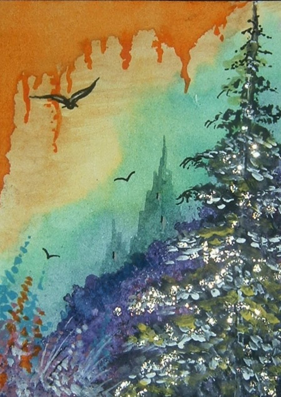fantasy art painting glitter tree aceo ref 350
