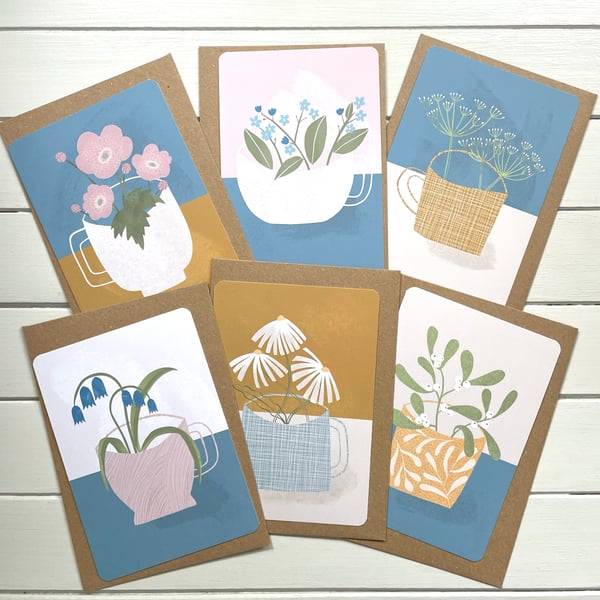 Set of 12 Flowers in Mugs Illustrated Postcards