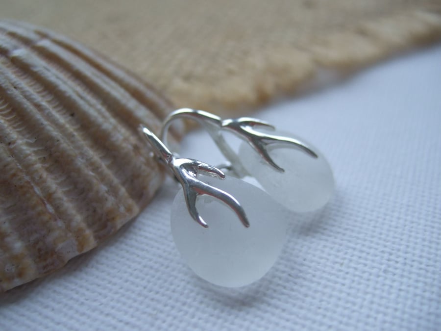 Sea glass earrings, white Seaham sea glass earrings, coral shaped earrings
