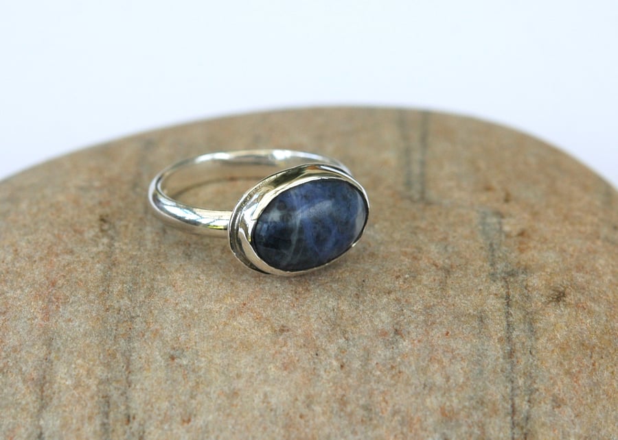 Silver Ring with Large Oval Blue Sodalite Gemstone,  size P
