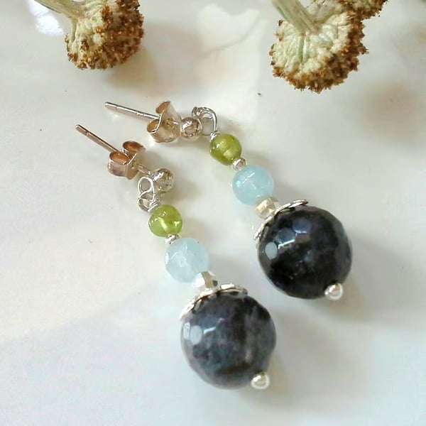 Labradorite,  Aquamarine & Peridot Stud Sterling Silver Earrings