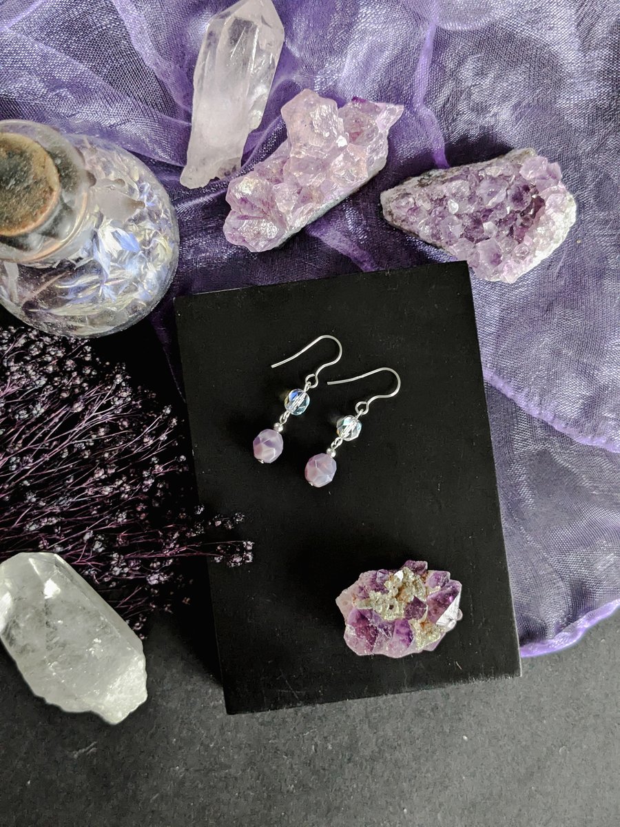 Purple glass beaded drop earrings sterling silver pretty jewellery gift