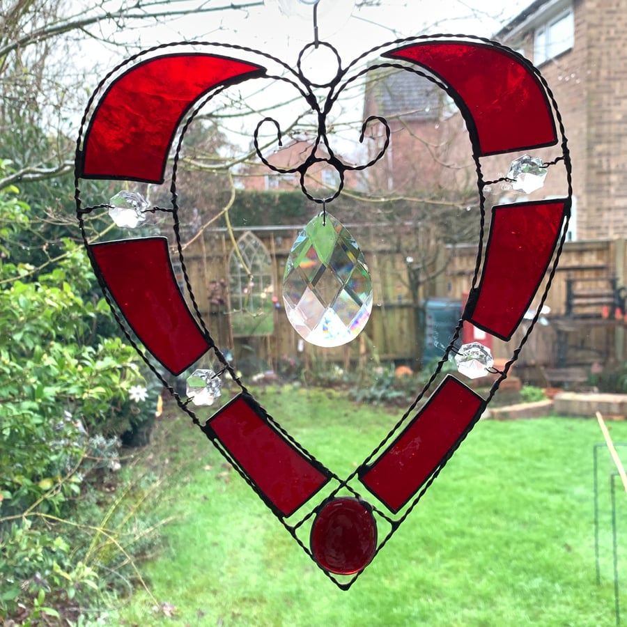 Stained Glass and Wire Heart Suncatcher - Handmade - Red