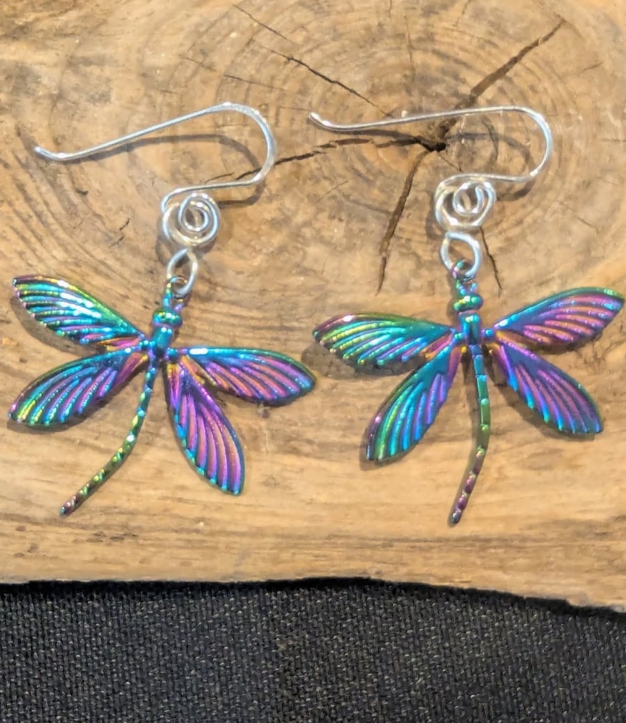 Image of Beautiful Anodised  Stainless Steel Dragonfly Earrings