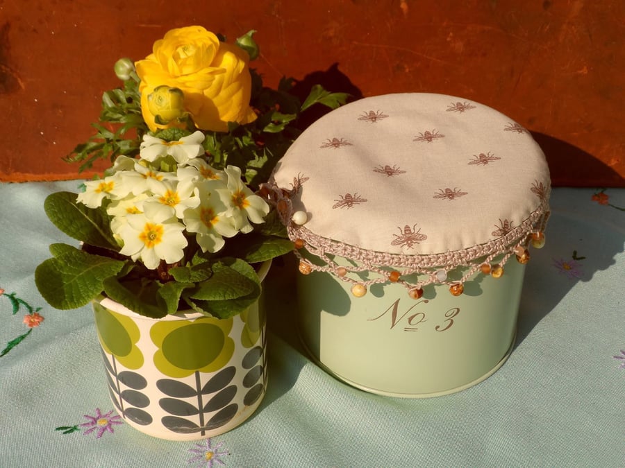 Jug Cover in a vintage Bee print fabric crochet and bead edging.