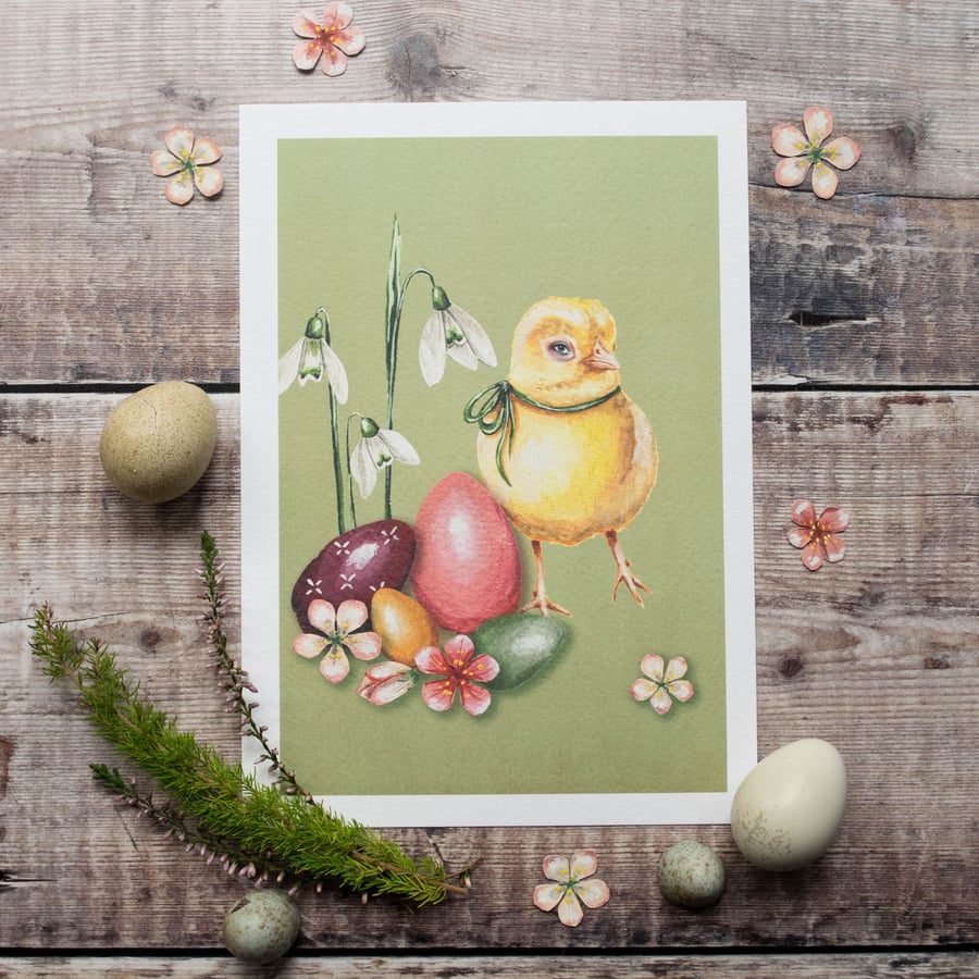 A5 mini print of an Easter yellow chick with Easter eggs