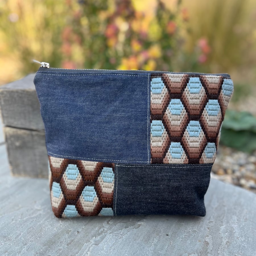 Bargello and denim zip pouch