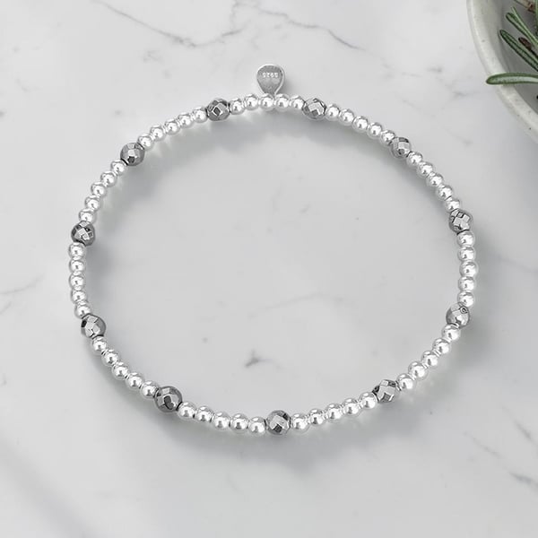 Sterling Silver and Hematite Beaded Stretch Bracelet 