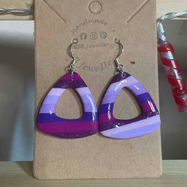 Handmade Polymer Clay Purple Stripped Dangle Earrings 