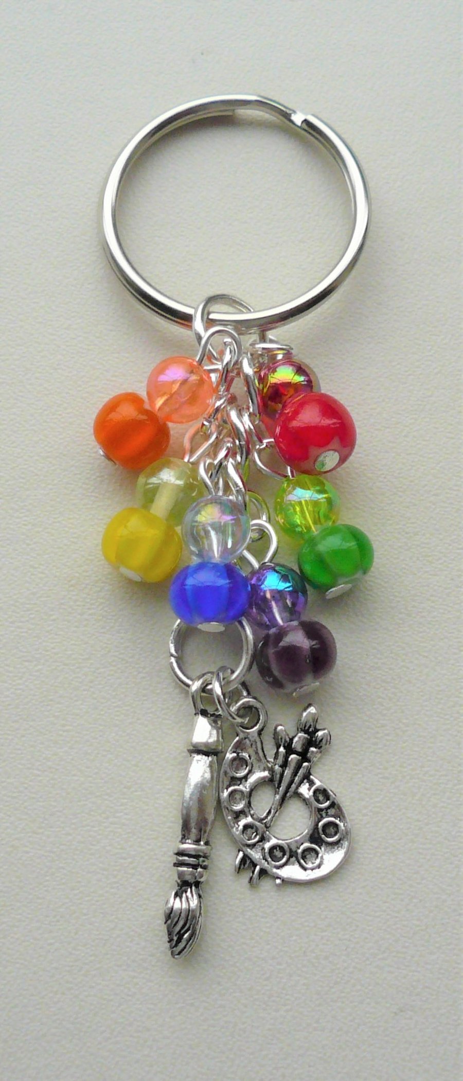 Artist Painter Keyring Bag Charm Glass Acrylic Bead Rainbow Silver KCJ2659