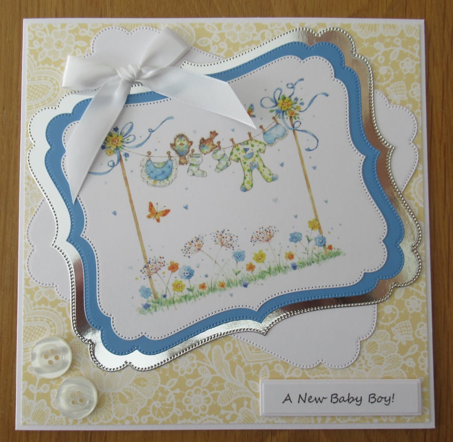 7x7" Baby Clothes on a Washing Line - New Baby Boy Card