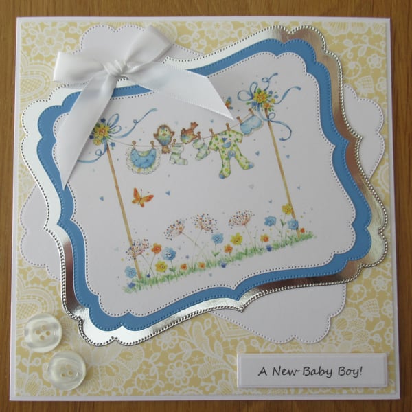7x7" Baby Clothes on a Washing Line - New Baby Boy Card