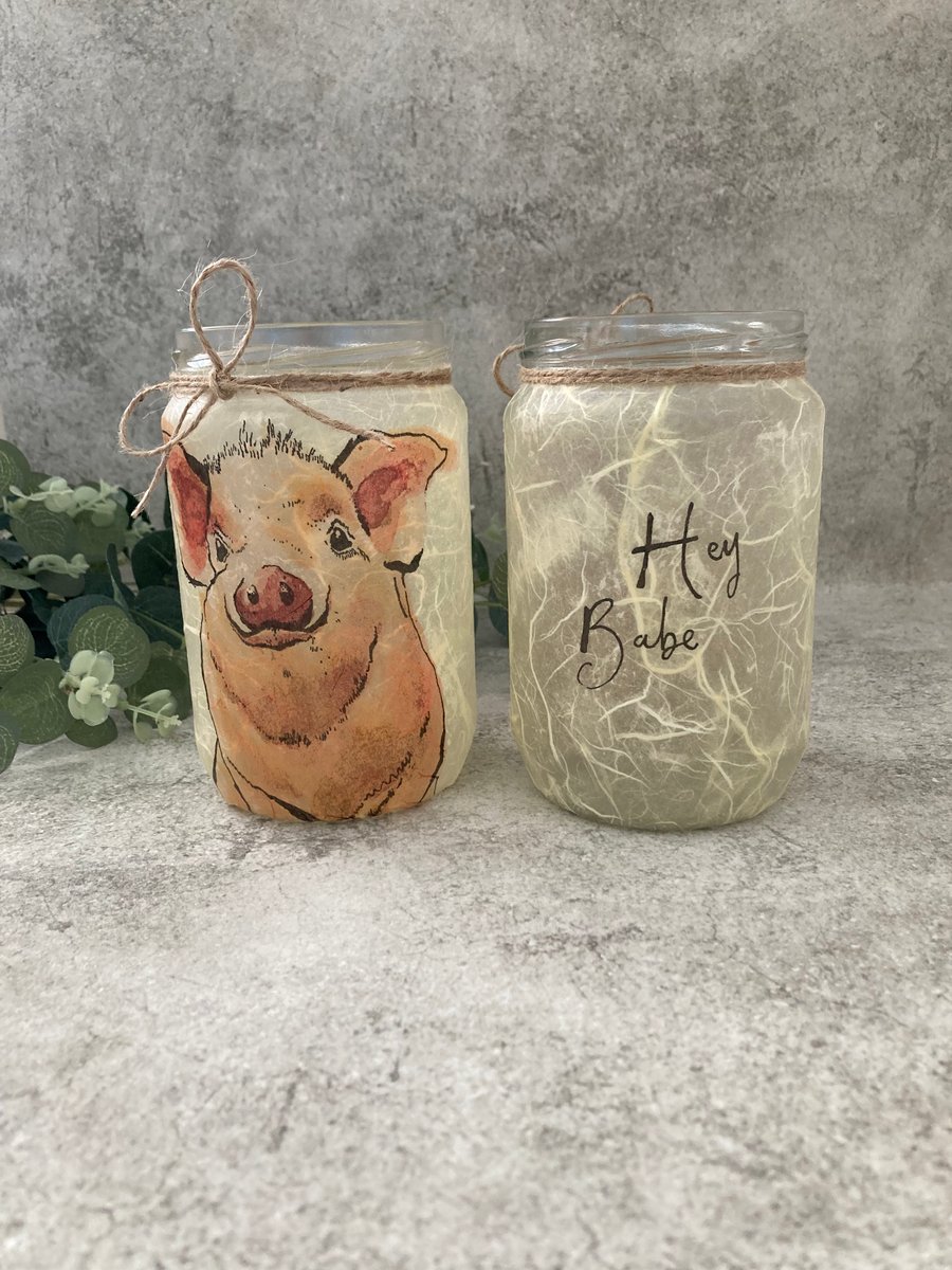 Decoupage Glass Jar Cute Pig Home Decor - recycled