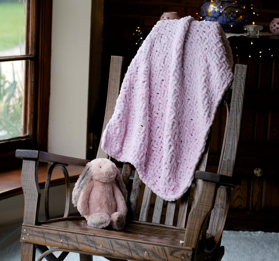 Super chunky crocheted soft pink baby blanket, Handmade basketweave pink blanket