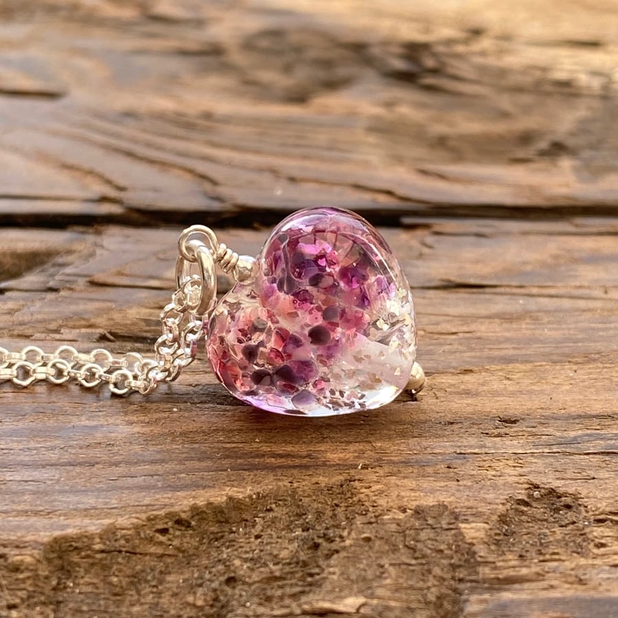 Purple pink & silver glass heart necklace 
