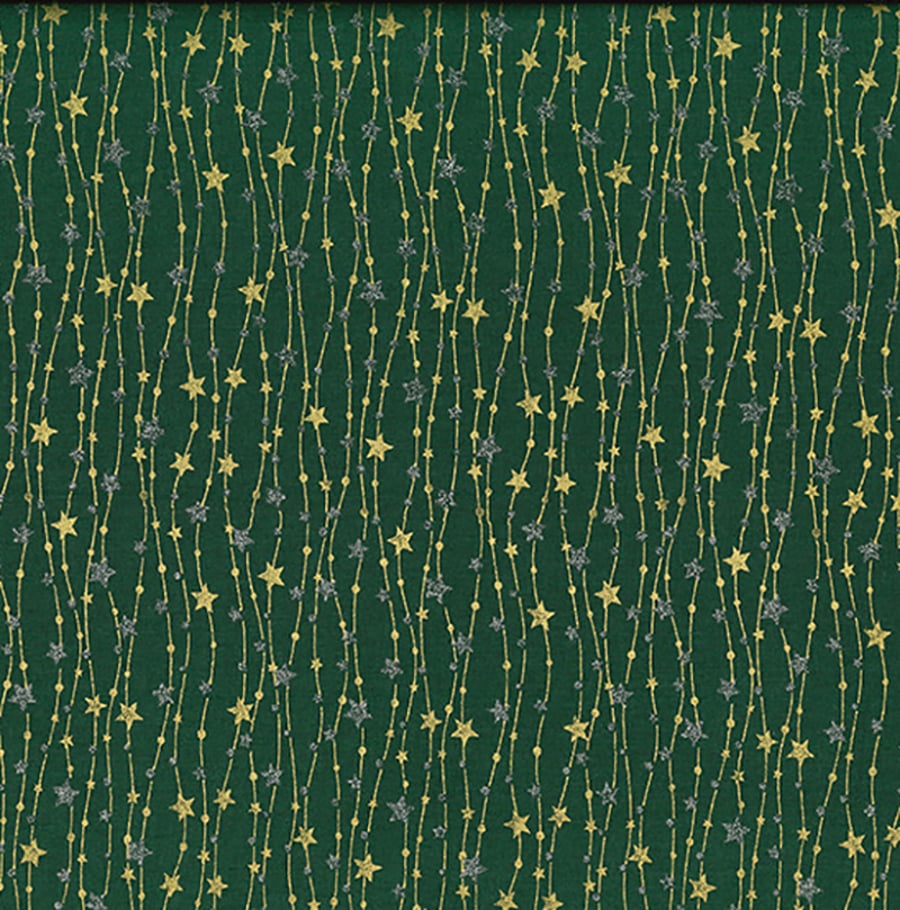 Christmas Fabric Gold Silver Glitter Stars Green Cotton Craft Fabric - 1 Metre