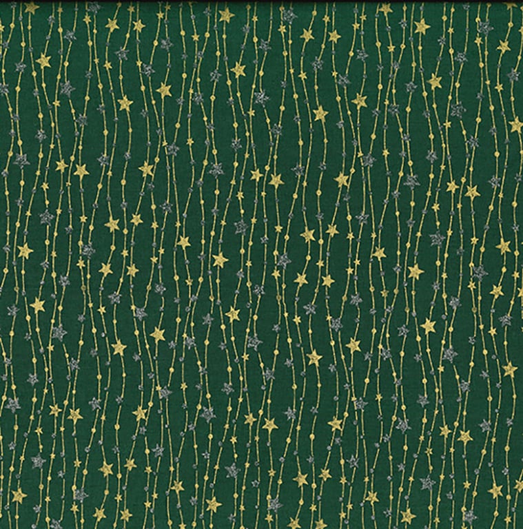 Christmas Fabric Gold Silver Glitter Stars Green Cotton Craft Fabric - 1 Metre