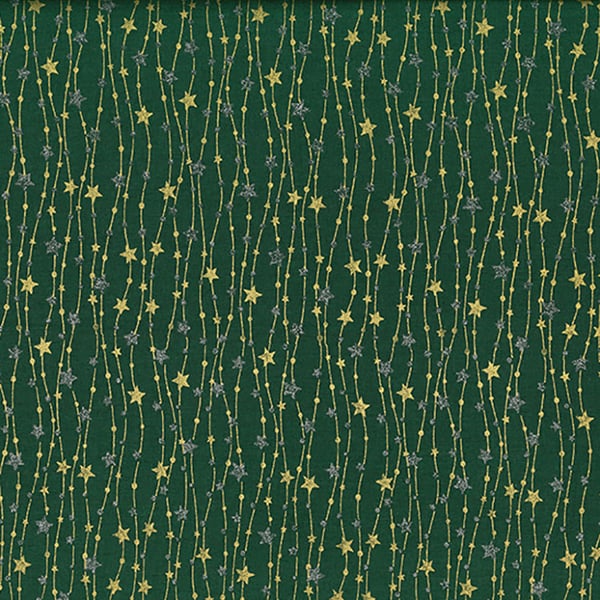 Christmas Fabric Gold Silver Glitter Stars Green Cotton Craft Fabric - 1 Metre