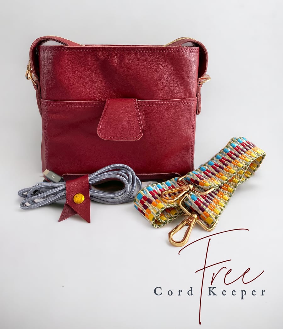 Red Leather Crossbody Bag - Genuine Rescued Leather - With Free Cord Keeper