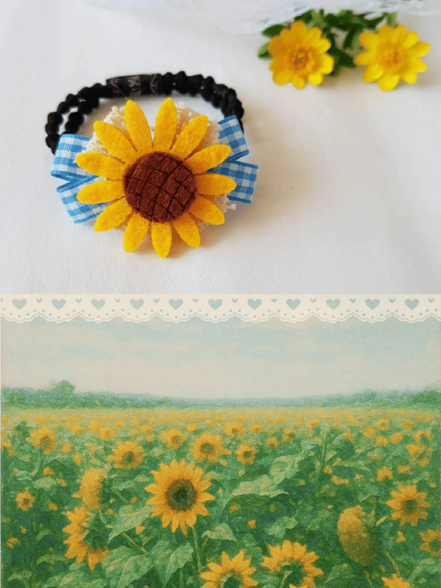 Sunflower Hair Tie with Gingham Bow - Cute Summer Hair Accessory