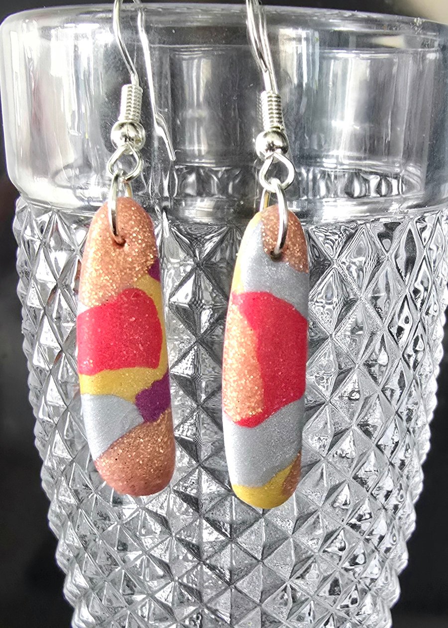 Polymer clay multi colour drop earrings on silver plated earhooks