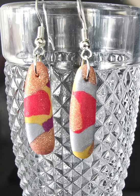 Polymer clay multi colour drop earrings on silver plated earhooks