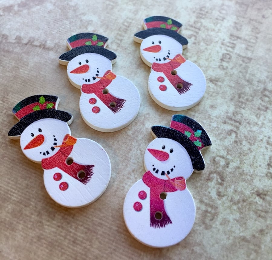 Pack of 10 - Wooden Buttons Snowman Embellishment
