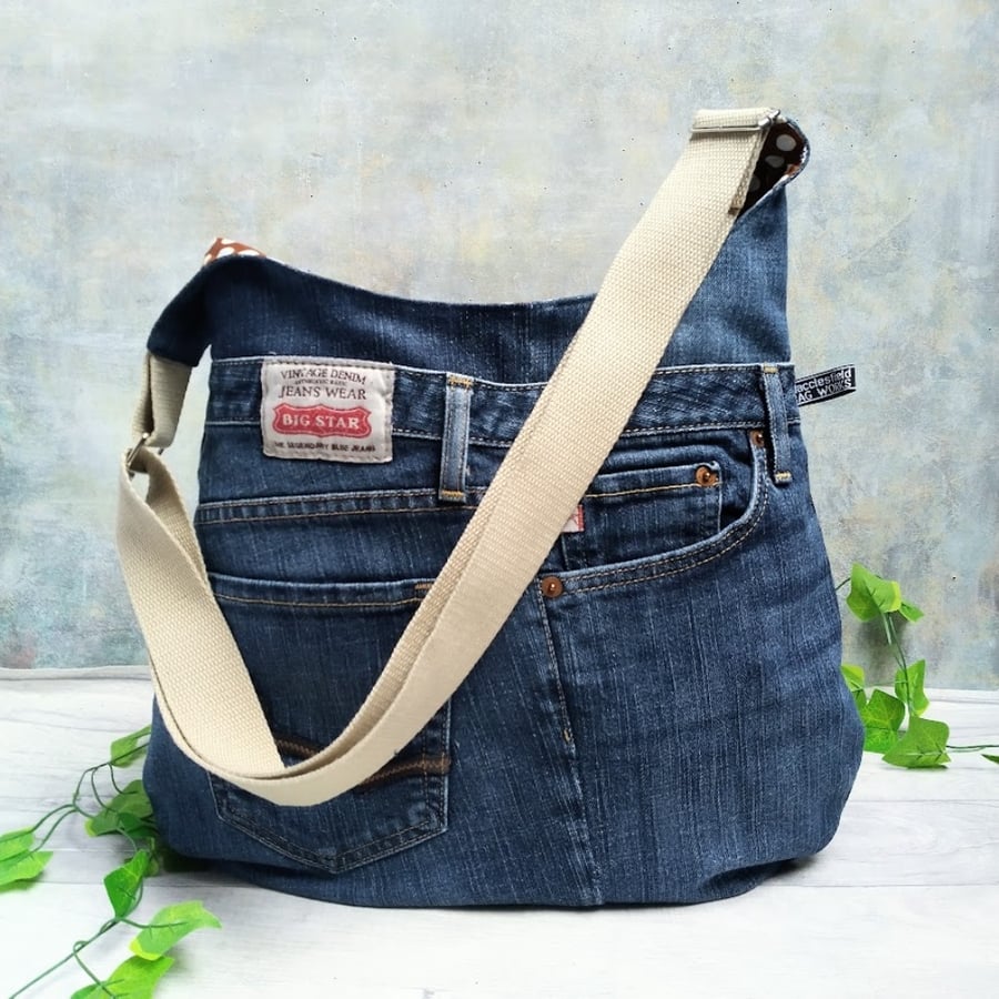 Upcycled Denim Jeans Hobo Bag with Spotted Lining