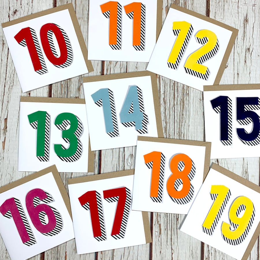 Handmade Number Birthday Card. Personalised Numbers Age 10 11 12 13 teen