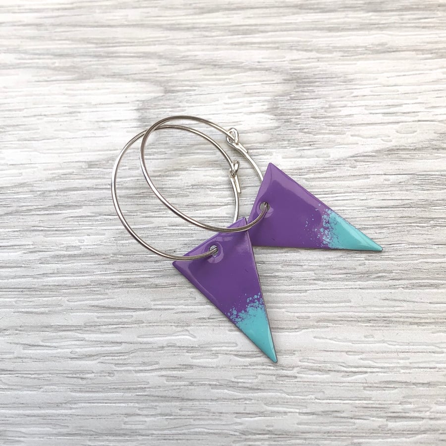 Purple & Turquoise Enamel Triangle on Sterling Silver hoop earrings