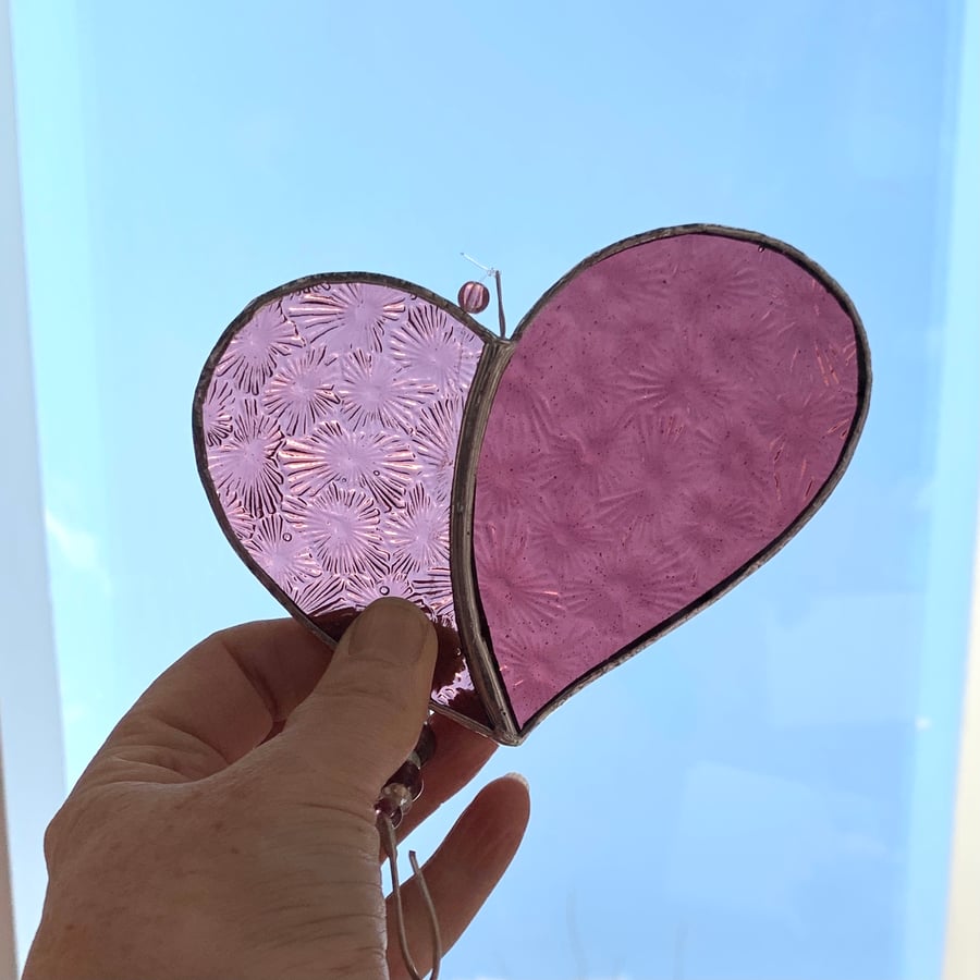 Stained Glass Lazy Heart Suncatcher - Handmade Decorations - Pink