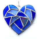 Fat Patchwork Heart Suncatcher Blue Stained Glass Handmade 028