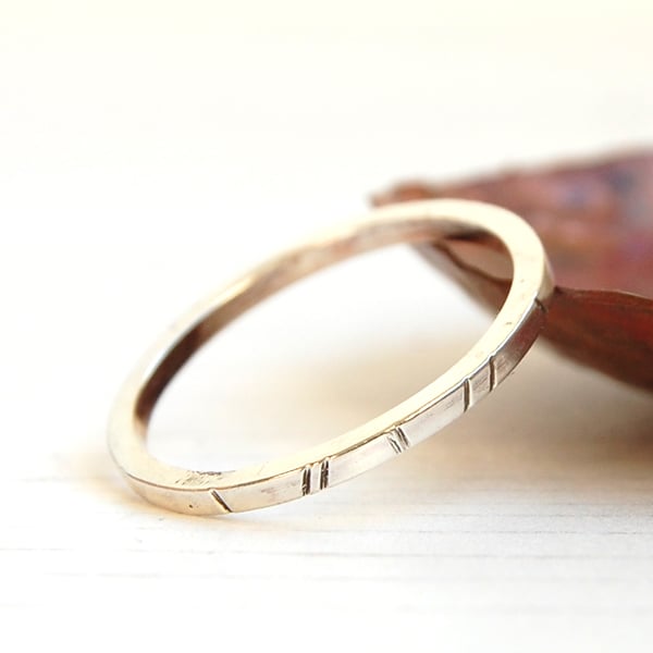 Lines textured square silver stacking ring