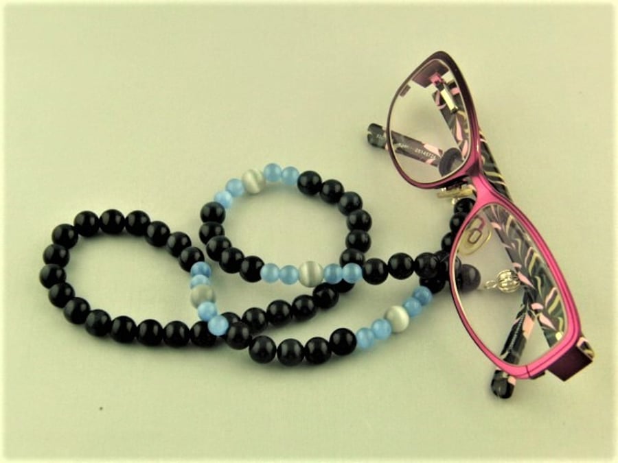 Navy Blue Glass Beads and Grey Cats Eye Beads Glasses Cord