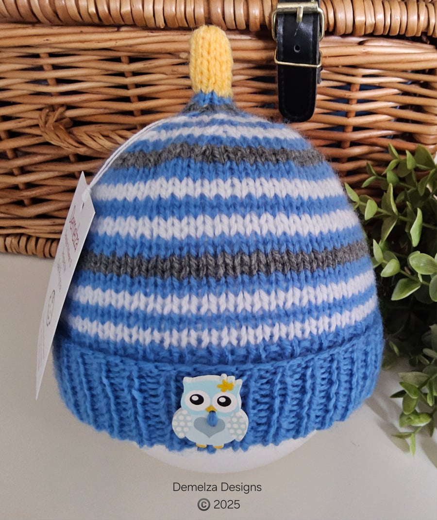 Designer Hand Knitted Baby Boys Owl Pixie Beanie Hat  12-18 months size