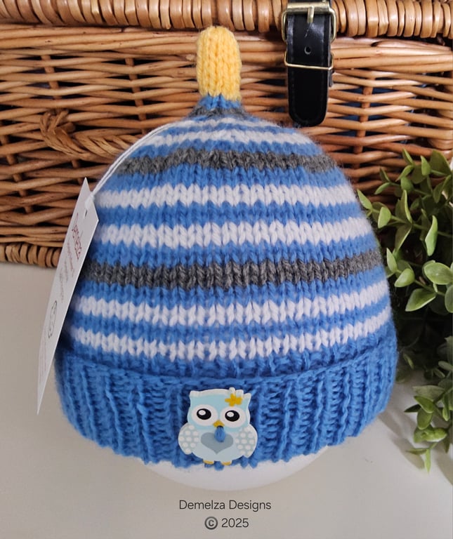Designer Hand Knitted Baby Boys Owl Pixie Beanie Hat  12-18 months size