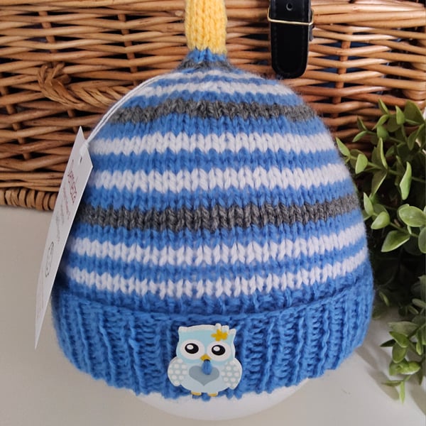 Designer Hand Knitted Baby Boys Owl Pixie Beanie Hat  12-18 months size