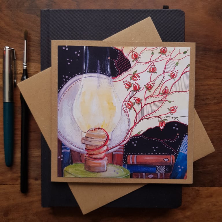 Oil lamp, book and folklore handmade blank card, keepsake from my original art