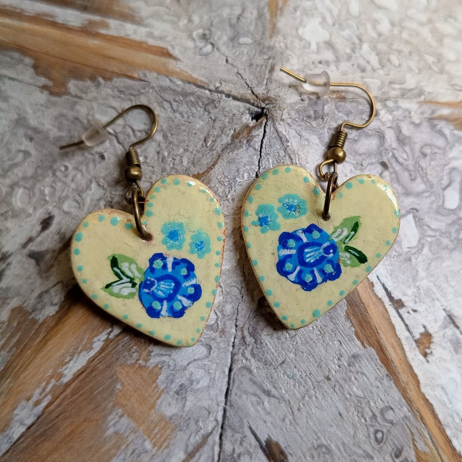 Hand painted folk art heart earrings 