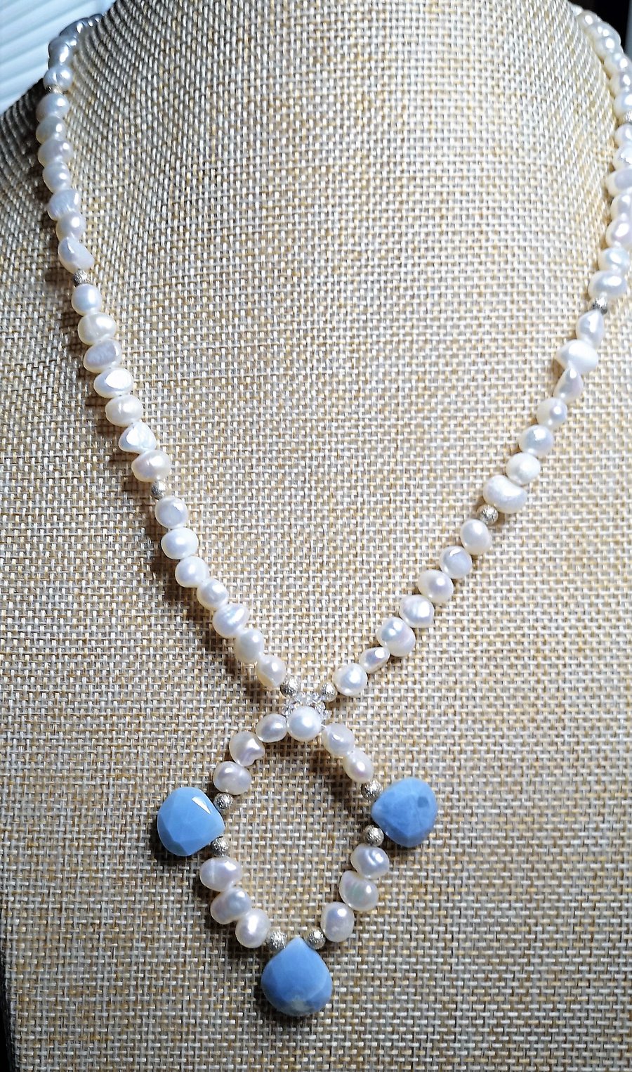Blue opal and white freshwater cultured pearl necklace