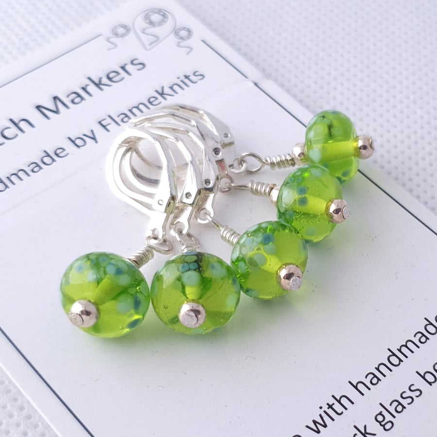 Lampwork Stitch Markers - Stained Glass Greens
