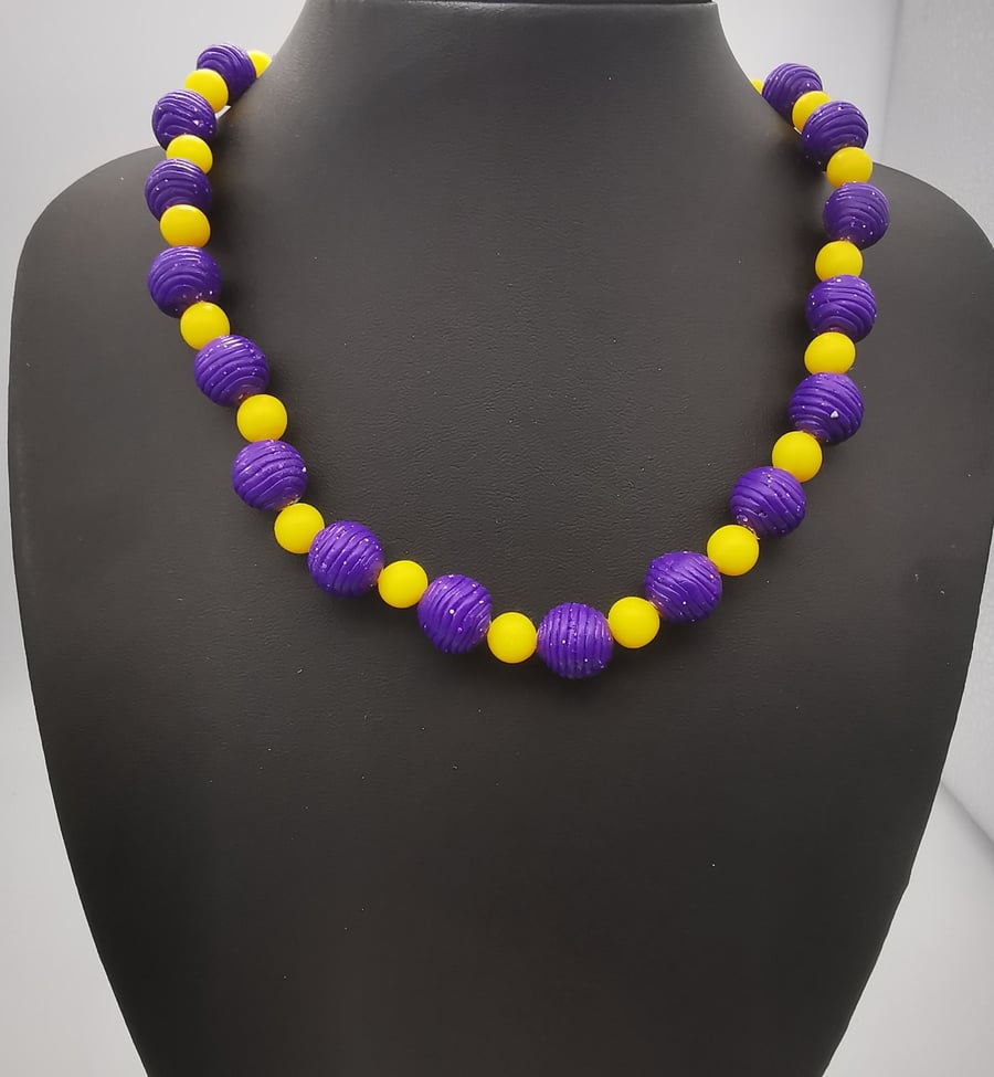 Handmade Purple and Yellow Beaded Choker Necklace