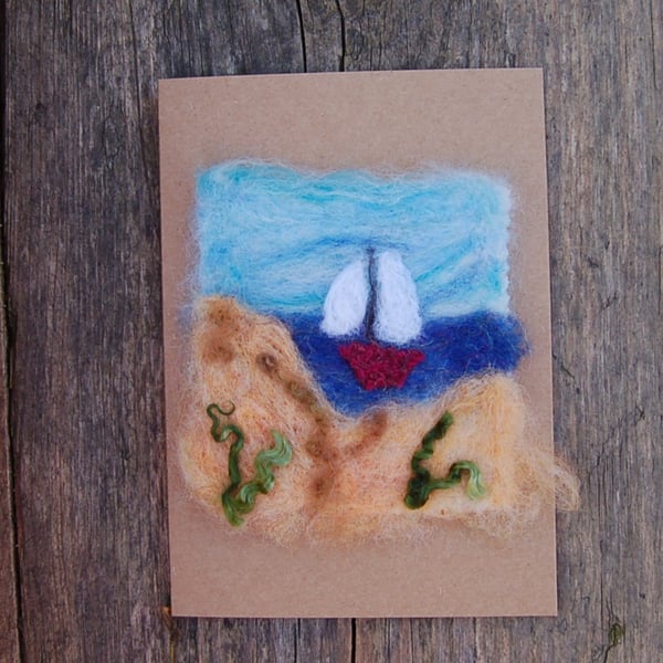 Needle Felt Birthday card with  Coastal scene picture Needlefelt wool card