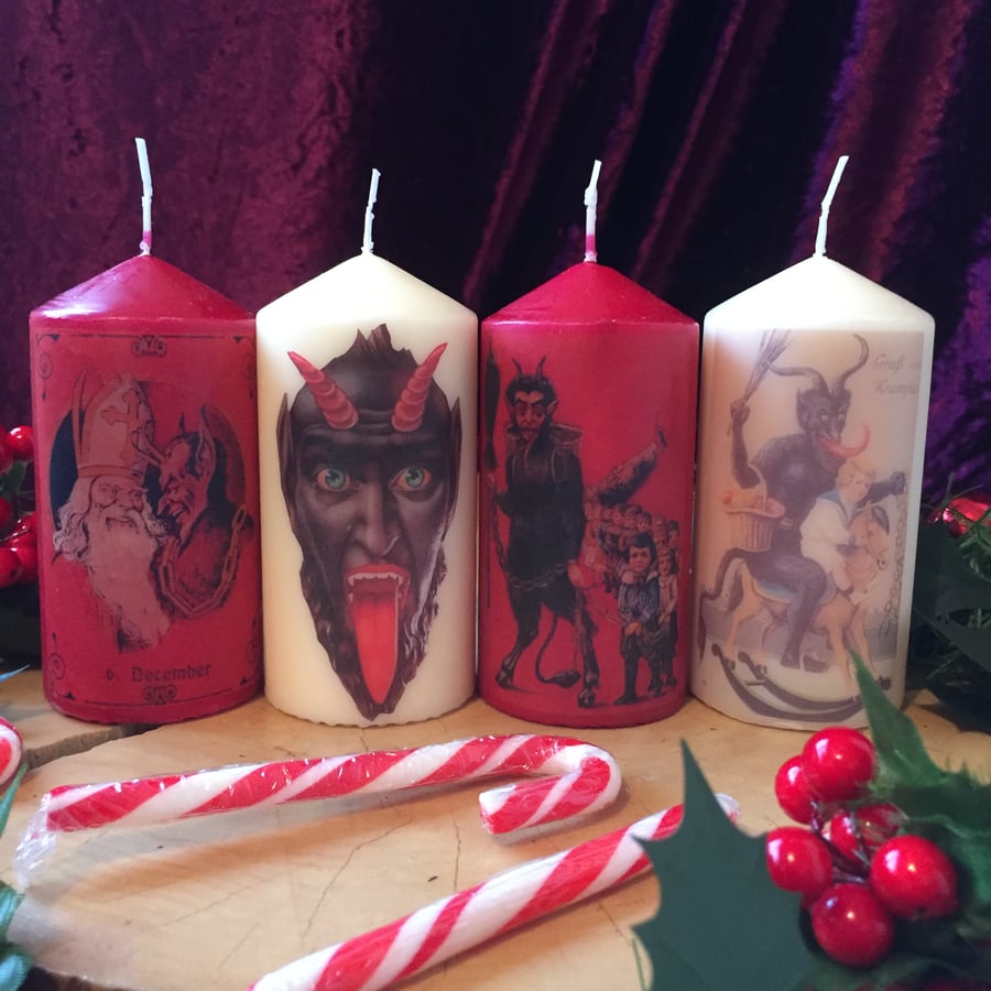 Set Of 4 Kitsch Christmas Krampus Scented Candles 
