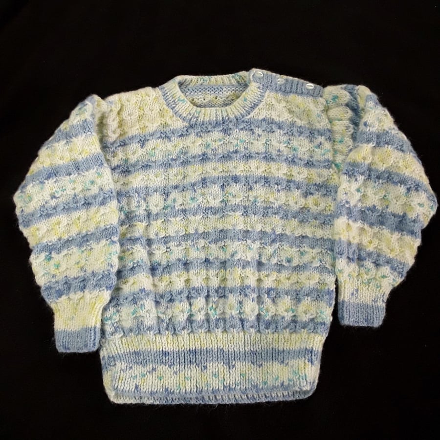 Children's jumper hand knitted in blue and cream with cable pattern 2 - 3 yrs 