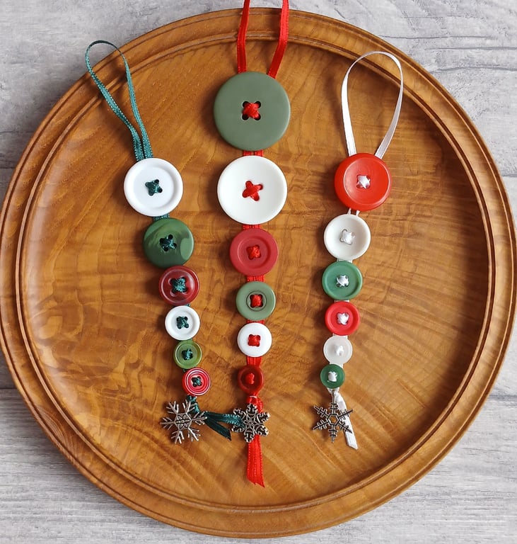 Trio of Festive Button Dangle Christmas Tree Decorations