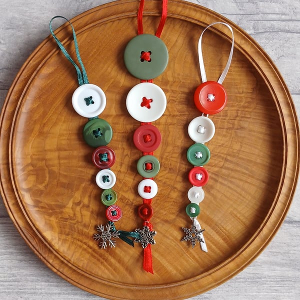 Trio of Festive Button Dangle Christmas Tree Decorations
