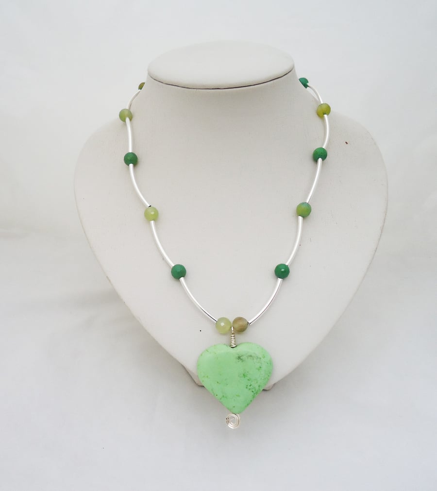 Green Jasper Heart Pendant, Jasper and Agate Necklace,Gemstone Necklace in Green