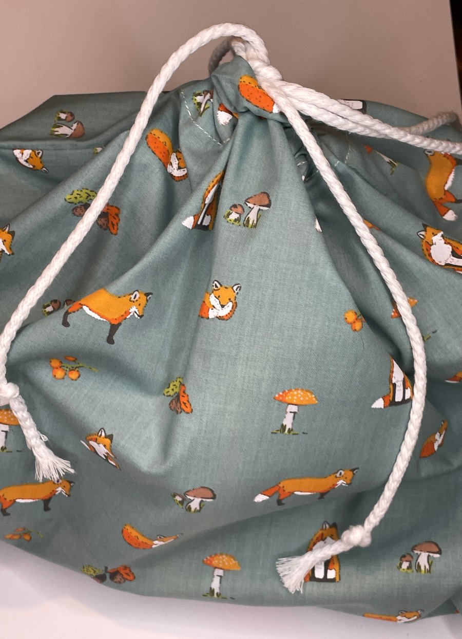 Large fox, fungi and acorns rope tied gift or storage bag